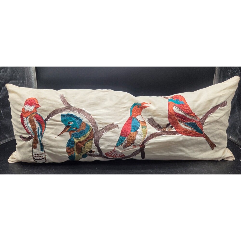 Vintage Embroidered Cushion with Colorful Birds and Feather Pillow Insert 28"